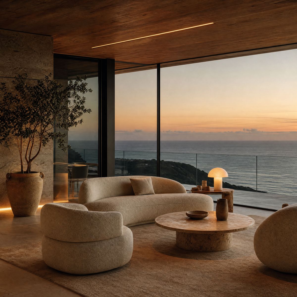 Living room with curved bouclé seating, a travertine table and a floor-to-ceiling view of the sea at dusk