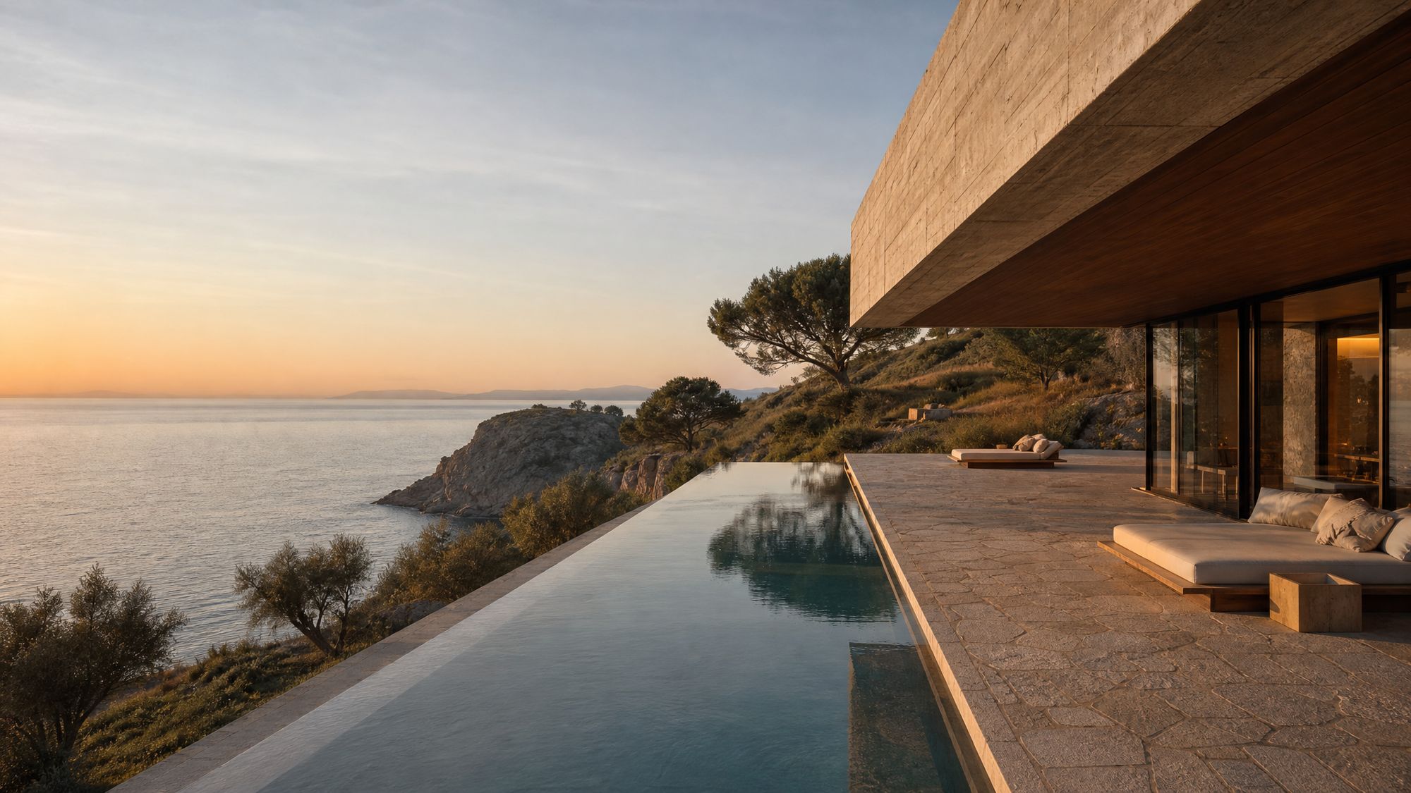 Cantilevered concrete and timber villa with a long stone infinity pool above the sea at sunset, Corfu