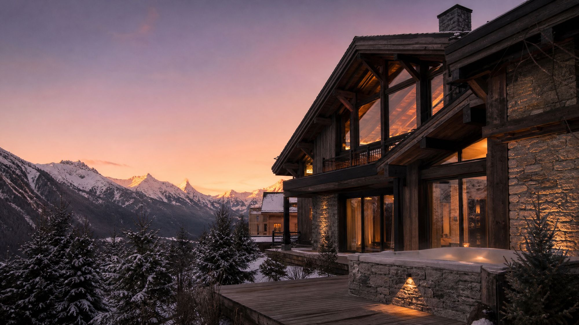 Dark timber and stone alpine chalet with glowing windows and snow-capped peaks at dusk, Chamonix
