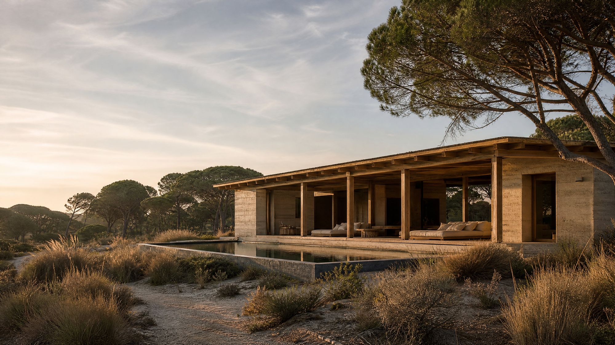 Low rammed-earth and timber pavilion with a shallow pool among pines and dune grass, Comporta